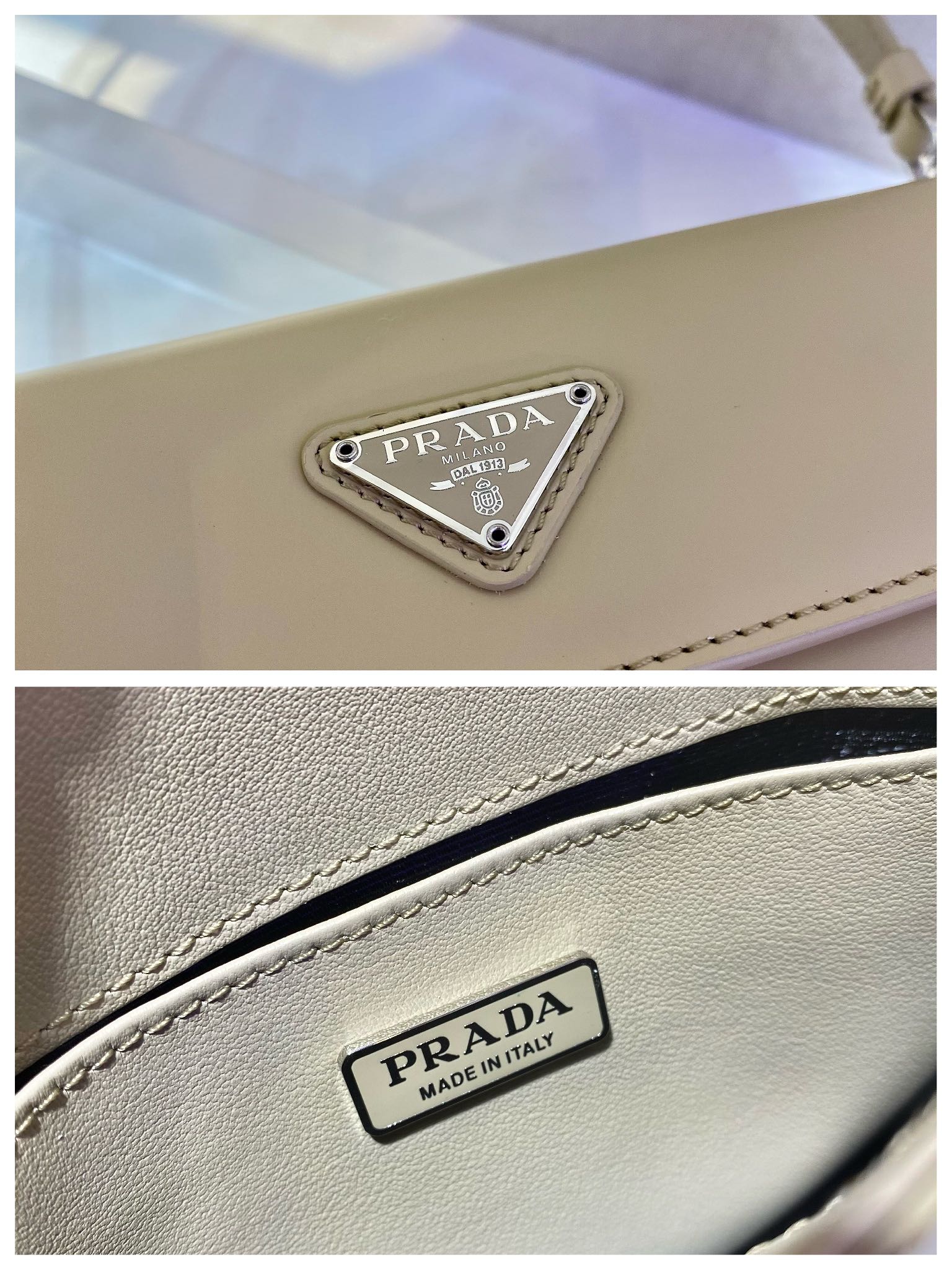 Prada Cleo Brushed Leather Shoulder Bag With Flap Beige 1BD311